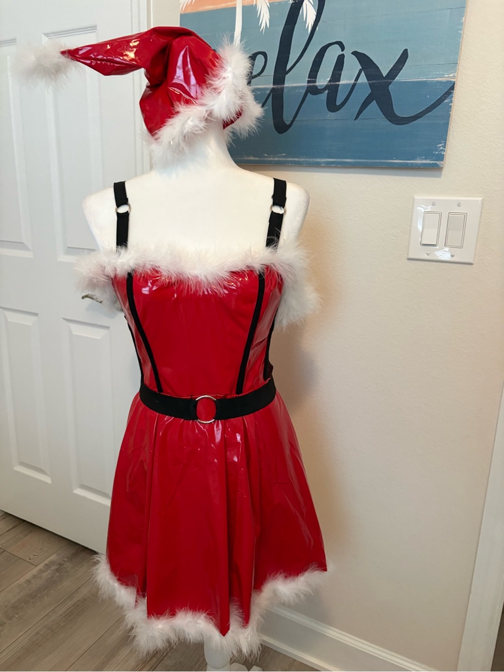 Festive Faux-Leather Santa Dress Costume with Hat and Gloves- Red